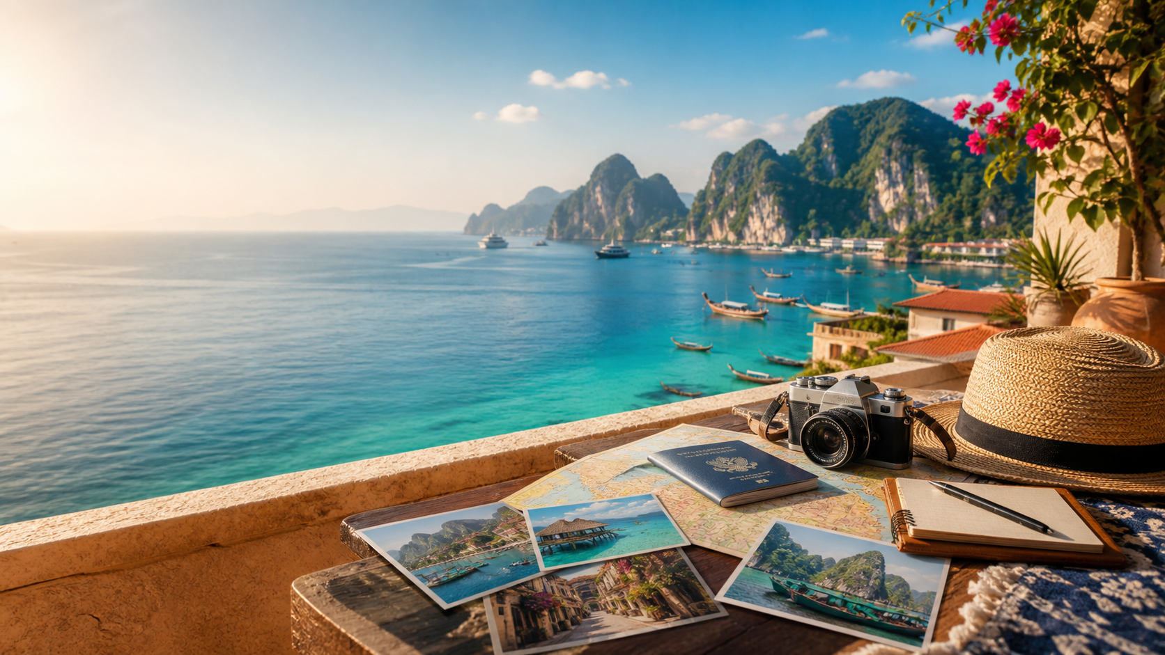 Sunny travel desk with international destination views
